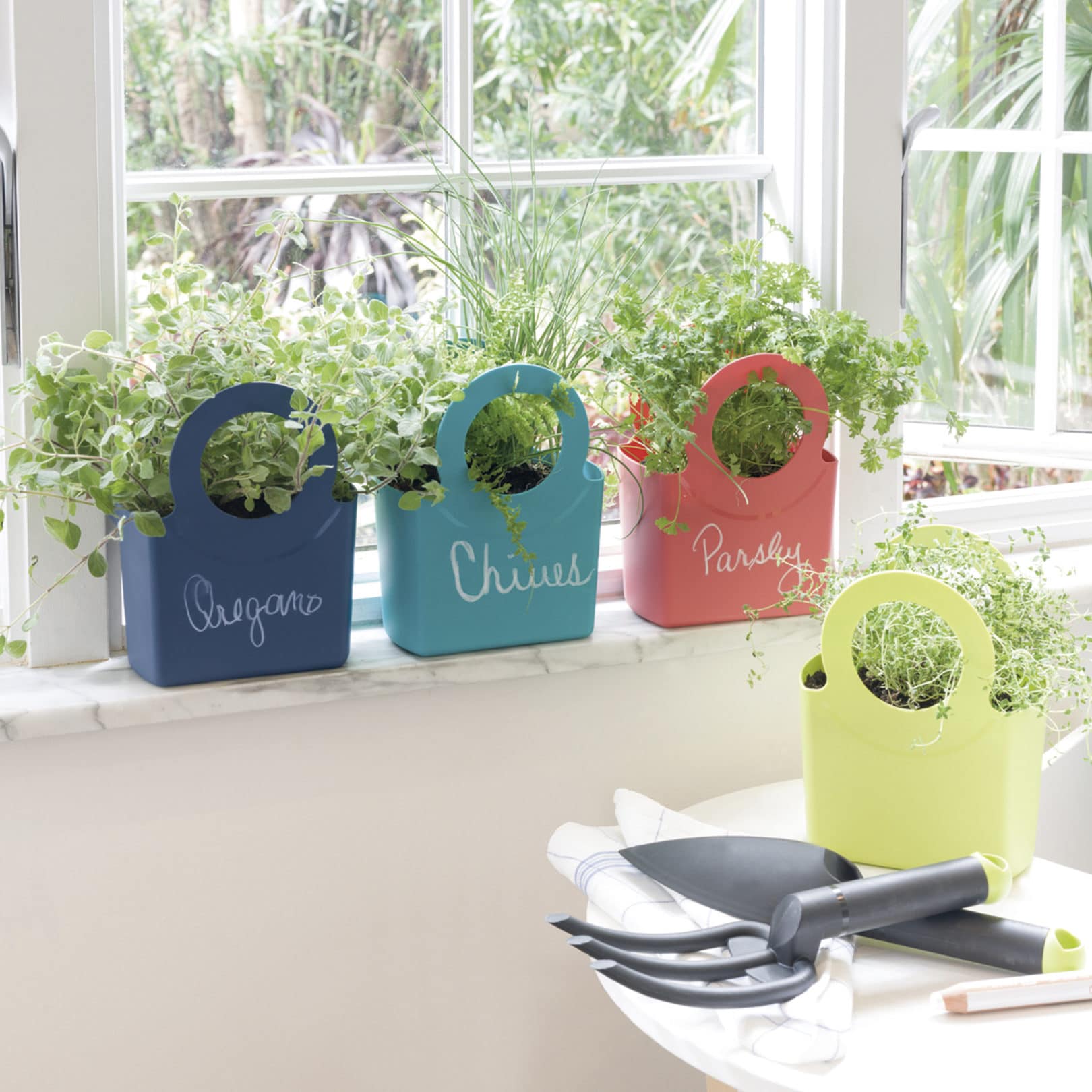 herbs on windowsill in gabrielle bags