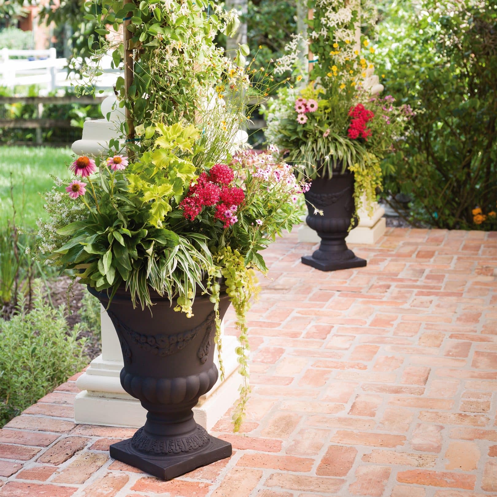 Red Brick Porch with Black Festonada Urns