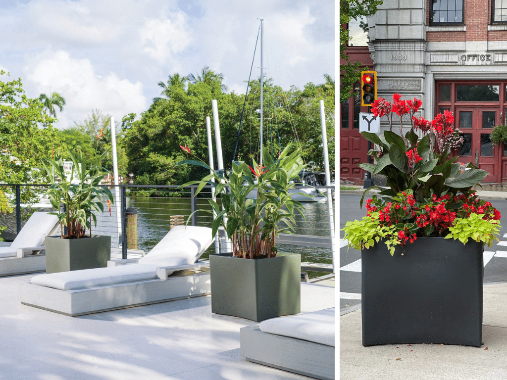 Pinch planter in a residential and a city landscape.